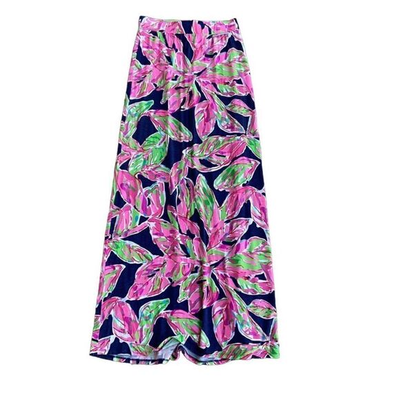 Lilly Pulitzer Marni Maxi Skirt Navy & Pink Palm Leaves XS - Picture 1 of 4